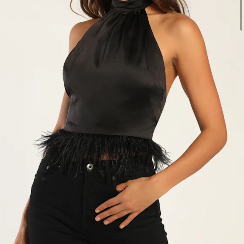 Halter Satin Top with Feather Trim